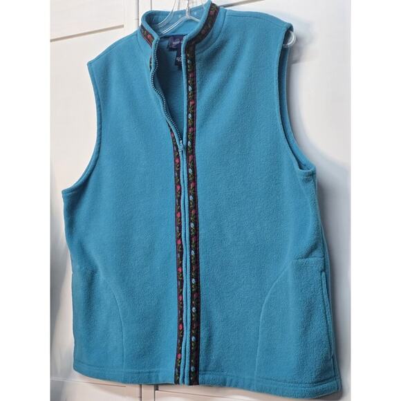 Susan Graver Fleece Vest Womens Medium Turquoise with Floral Trim Full Zip - Picture 3 of 6
